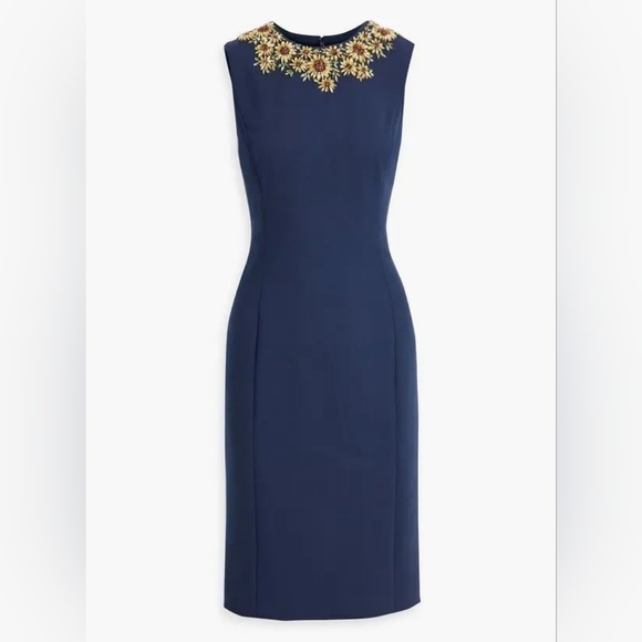 $3290 OSCAR DE LA RENTA NAVY BLUE WOOL DRESS EXCLU CRYSTAL SUNFLOWER BEAD US 6